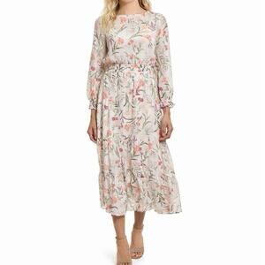 Eliza J Floral Long Sleeve Ruffle Chiffon Feminine Midi Dress 14 Romantic Boho